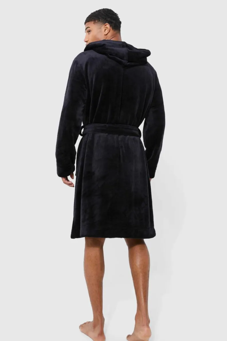 Shop boohooMAN Hooded Dressing Gown black