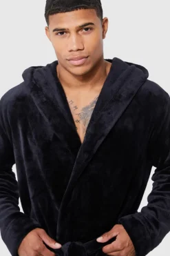 Shop boohooMAN Hooded Dressing Gown black