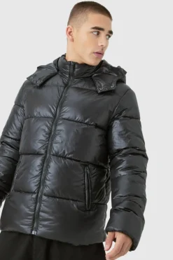 Shop boohooMAN Hooded High Shine Puffer Jacket in black