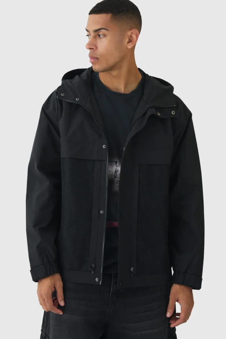 Cheap boohooMAN Hooded Mesh Panel Tech Parka In black