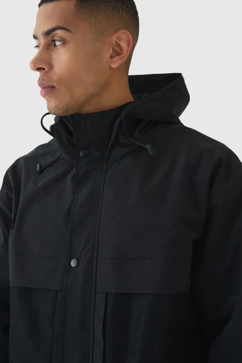 Cheap boohooMAN Hooded Mesh Panel Tech Parka In black