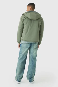 Clearance boohooMAN Hooded Padded Mid Length Parka In khaki