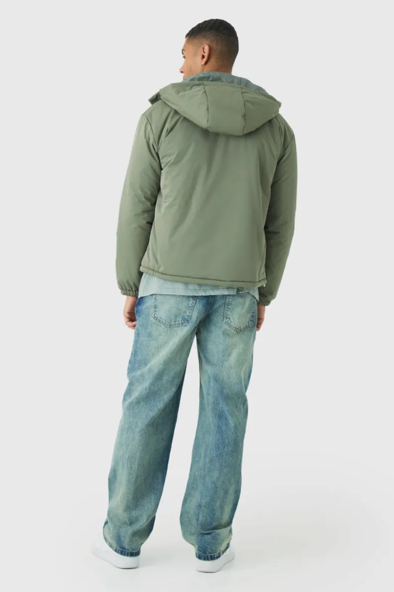 Clearance boohooMAN Hooded Padded Mid Length Parka In khaki