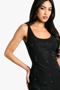 Shop boohoo Hotfix Diamante Scoop Neck Mini Dress black