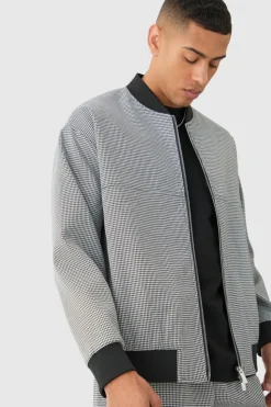 Shop boohooMAN Houndstooth Checked Regular Fit Smart Bomber Jacket black