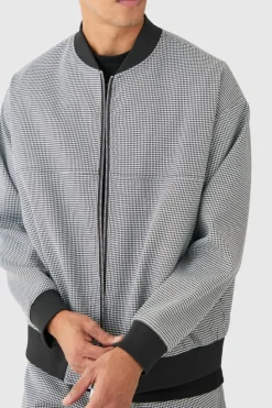 Shop boohooMAN Houndstooth Checked Regular Fit Smart Bomber Jacket black