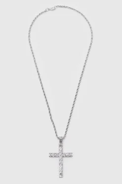 Discount boohooMAN Iced Crystal Cross Necklace with Gift Bag silver
