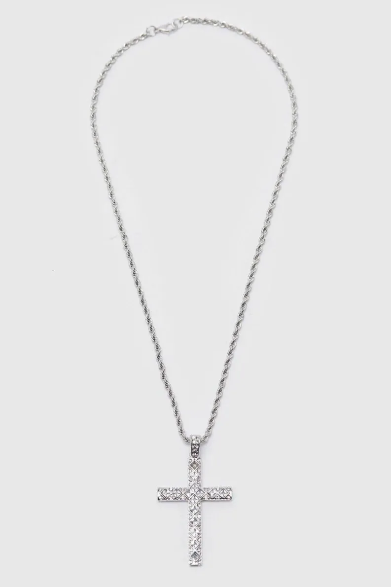 Discount boohooMAN Iced Crystal Cross Necklace with Gift Bag silver