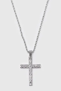 Discount boohooMAN Iced Crystal Cross Necklace with Gift Bag silver