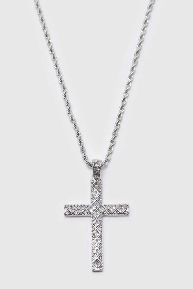Discount boohooMAN Iced Crystal Cross Necklace with Gift Bag silver