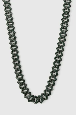 Store boohooMAN Iced Cuban Necklace In Green silver