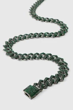 Store boohooMAN Iced Cuban Necklace In Green silver