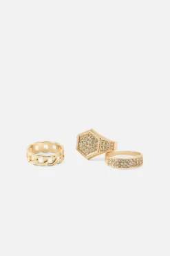 New boohooMAN Iced Ring 3 Pack gold