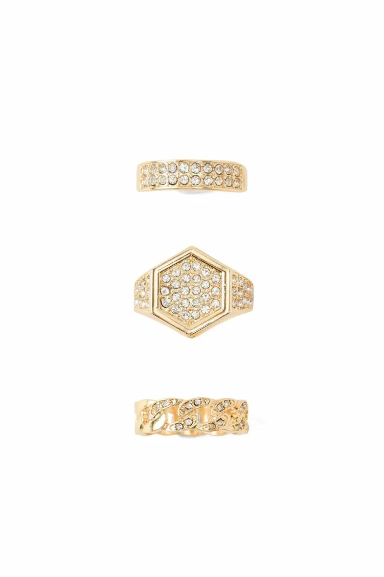 New boohooMAN Iced Ring 3 Pack gold
