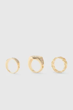 New boohooMAN Iced Ring 3 Pack gold