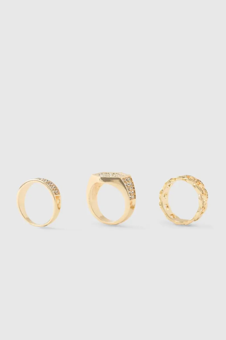 New boohooMAN Iced Ring 3 Pack gold