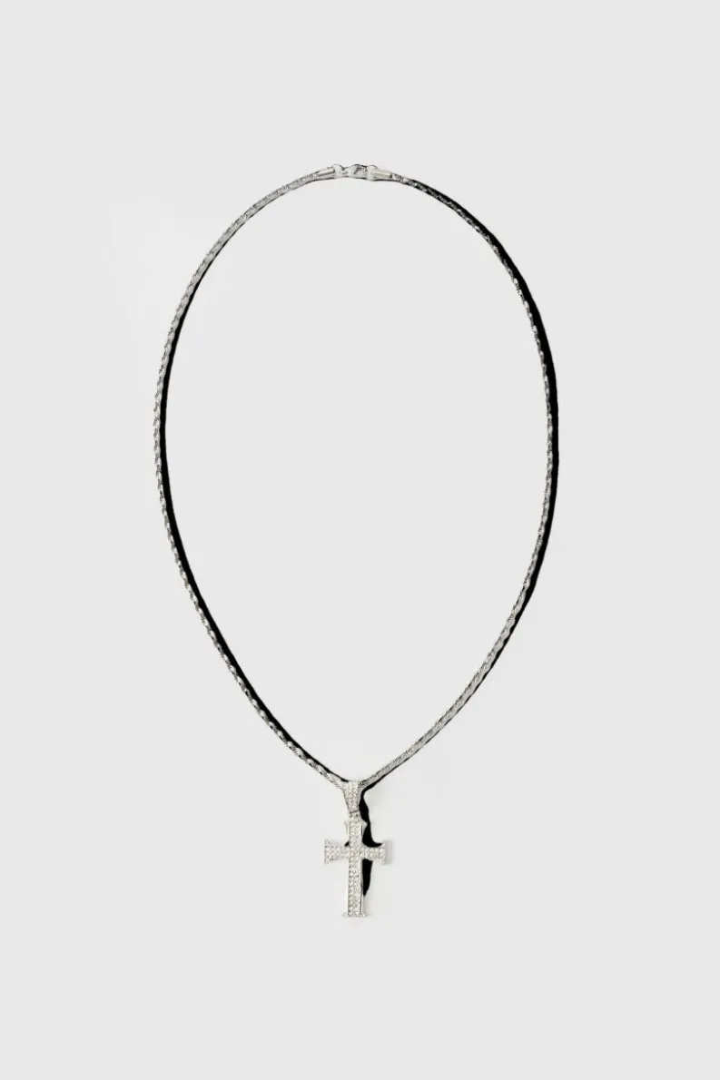 Clearance boohooMAN Iced Out Cross Rope Chain Necklace silver