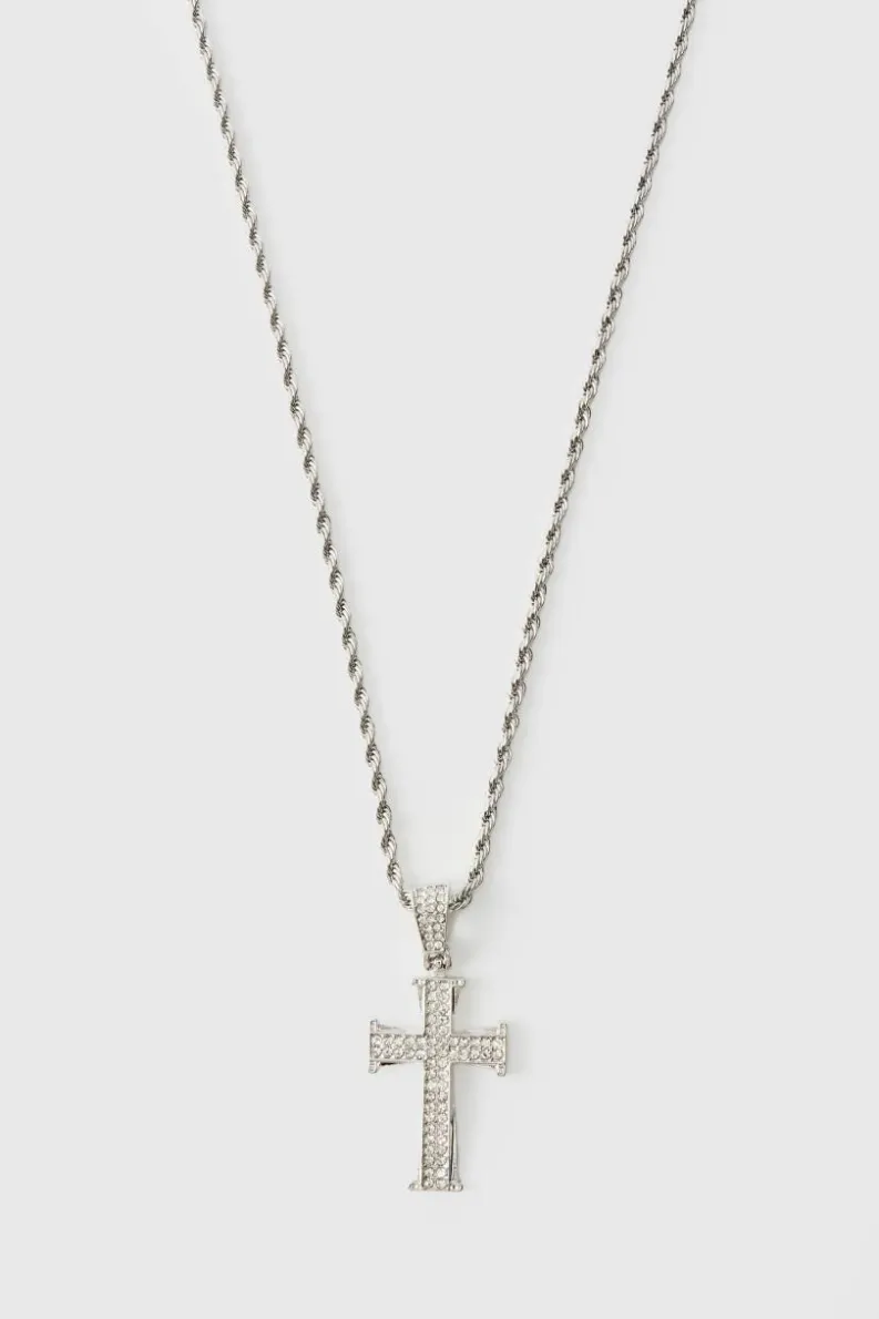 Clearance boohooMAN Iced Out Cross Rope Chain Necklace silver