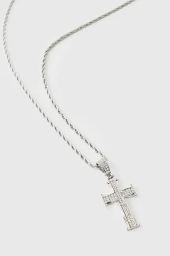 Clearance boohooMAN Iced Out Cross Rope Chain Necklace silver