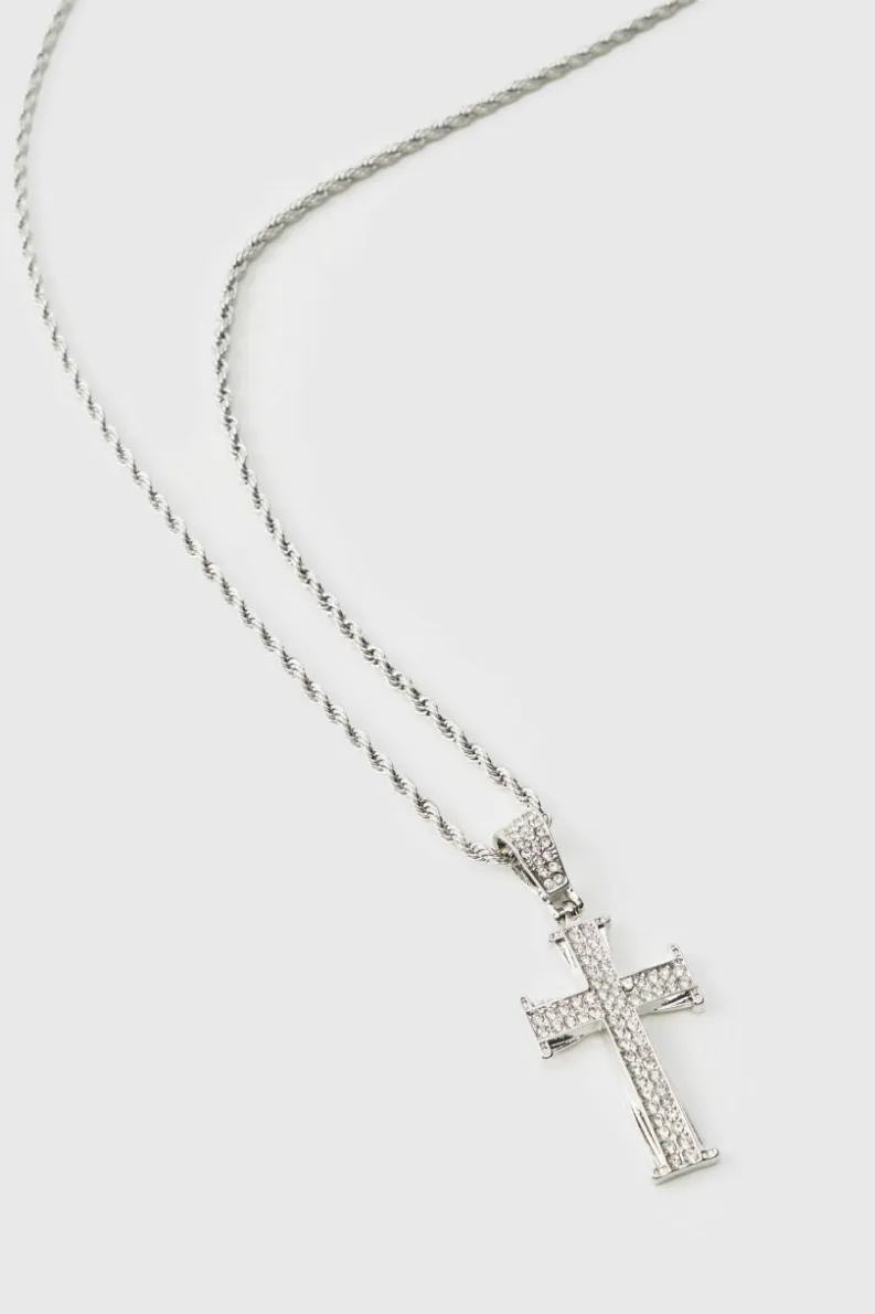 Clearance boohooMAN Iced Out Cross Rope Chain Necklace silver