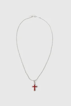 Cheap boohooMAN Iced Pink Cross Necklace silver