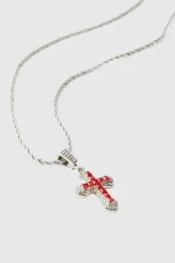 Cheap boohooMAN Iced Pink Cross Necklace silver