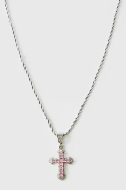 Flash Sale boohooMAN Iced Red Cross Necklace silver
