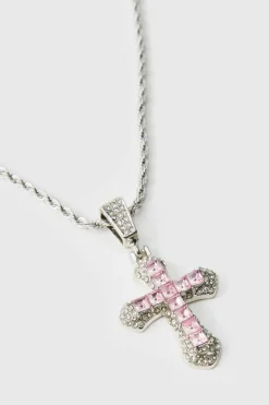 Flash Sale boohooMAN Iced Red Cross Necklace silver