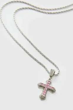 Flash Sale boohooMAN Iced Red Cross Necklace silver