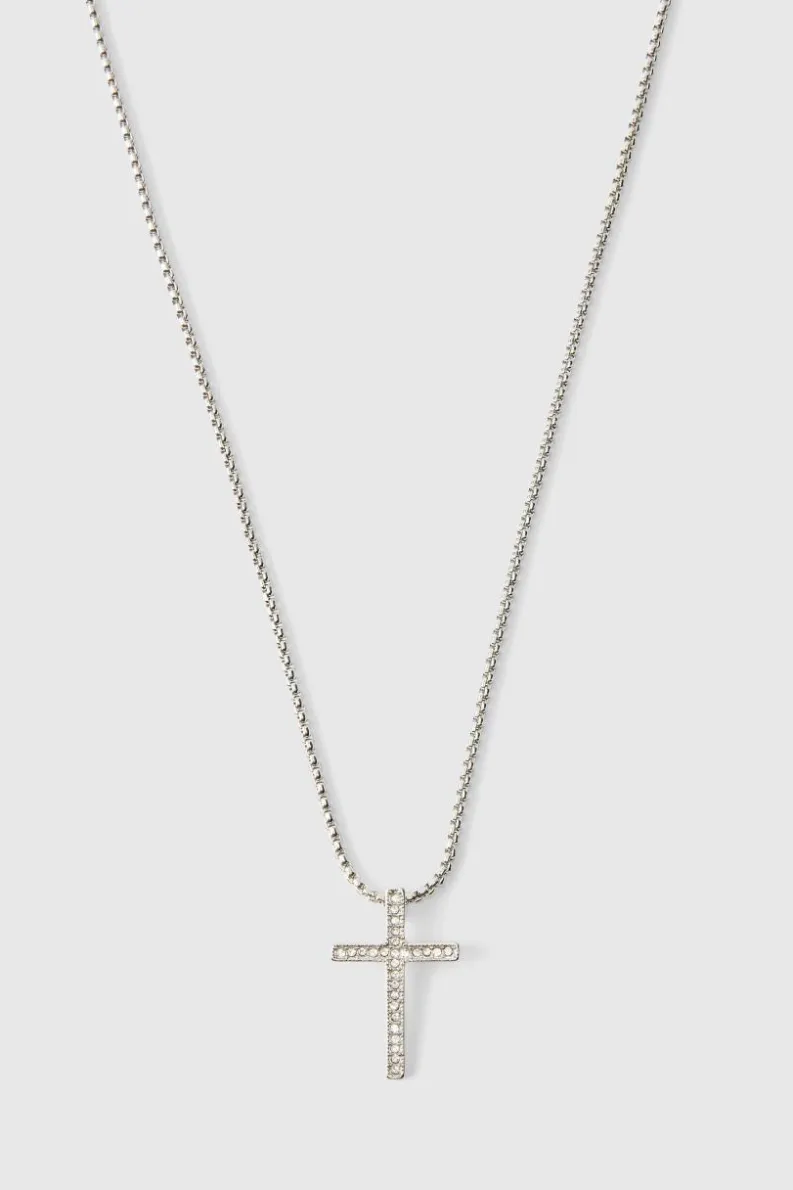 Flash Sale boohooMAN Iced Ring And Cross Necklace silver