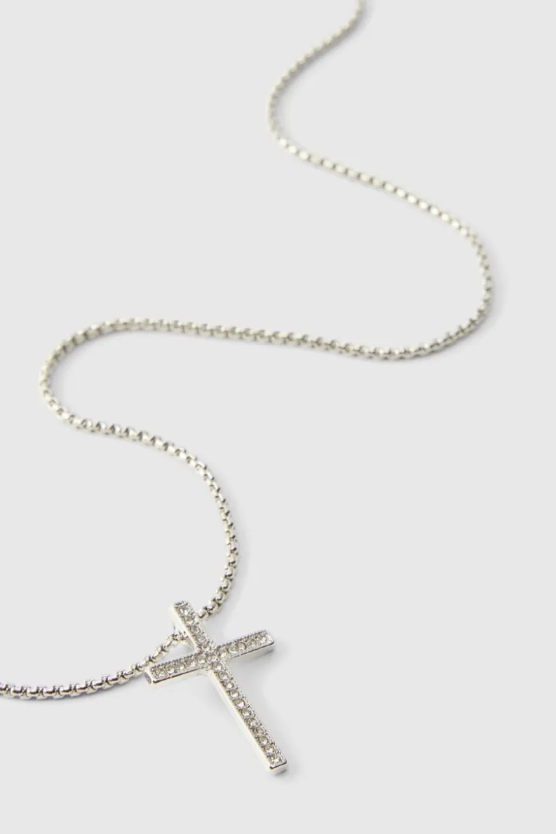 Flash Sale boohooMAN Iced Ring And Cross Necklace silver