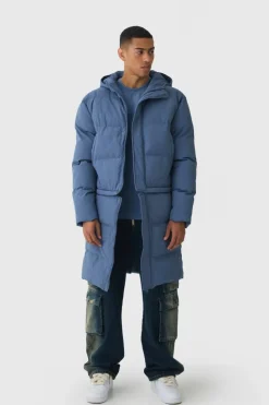 Outlet boohooMAN 2 In 1 Zip Off Longline Puffer Coat In dusty blue