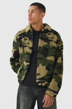 Clearance boohooMAN Jacquard Regular Fit Camo Borg Overshirt khaki
