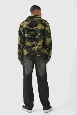 Clearance boohooMAN Jacquard Regular Fit Camo Borg Overshirt khaki