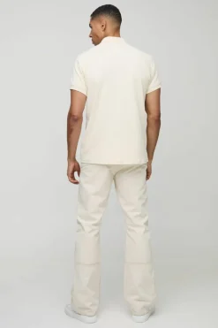 Cheap boohooMAN Jersey Rib Button Up Pocket Polo ecru