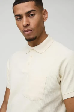 Cheap boohooMAN Jersey Rib Button Up Pocket Polo ecru