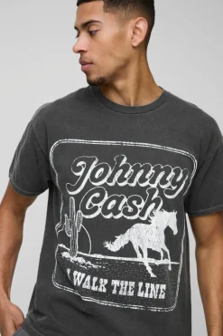 New boohooMAN Johnny Cash Western License Washed T-Shirt charcoal