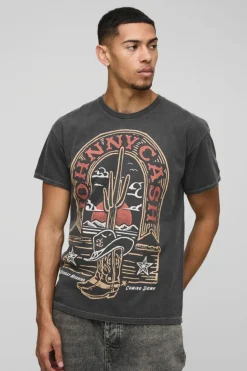 Store boohooMAN Johnny Cash Western License Washed T-Shirt charcoal