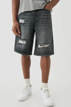 Flash Sale boohooMAN Knee Rip Denim Jorts In washed black