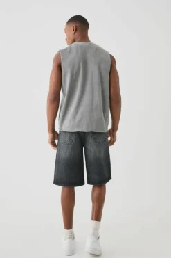 Flash Sale boohooMAN Knee Rip Denim Jorts In washed black