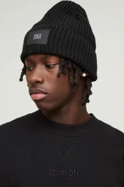 New boohooMAN Knitted PU Plaque Beanie black