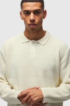 Clearance boohooMAN Knitted Rugby Polo ecru