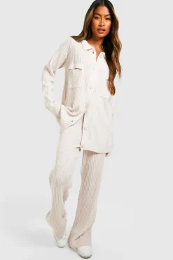 Best boohoo Knitted Shirt & Wide Leg Trouser Co-ord stone