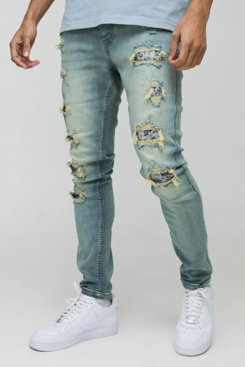 Sale boohooMAN Lace Rip & Repair Washed Skinny Jeans antique wash