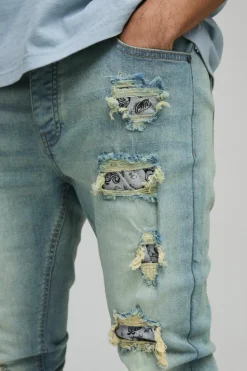 Sale boohooMAN Lace Rip & Repair Washed Skinny Jeans antique wash