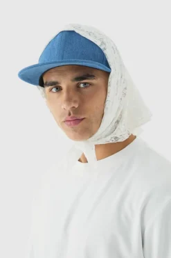 New boohooMAN Lace Scarf Denim Snapback Cap blue