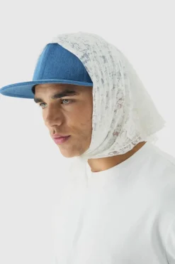 New boohooMAN Lace Scarf Denim Snapback Cap blue