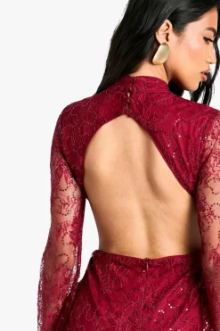 Best boohoo Lace Sequin Open Back Maxi Dress red