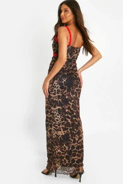 Flash Sale boohoo Lace Trim Mesh Maxi Dress leopard