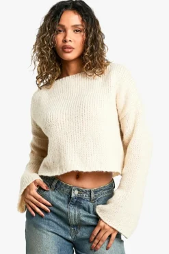 Fashion boohoo Ladder Stitch Back Detail Boxy Crop Jumper light stone